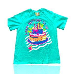 MOKIYUBI: Happy Birthday to Me! : Green Raglan Puff Ink Print Tee: XS